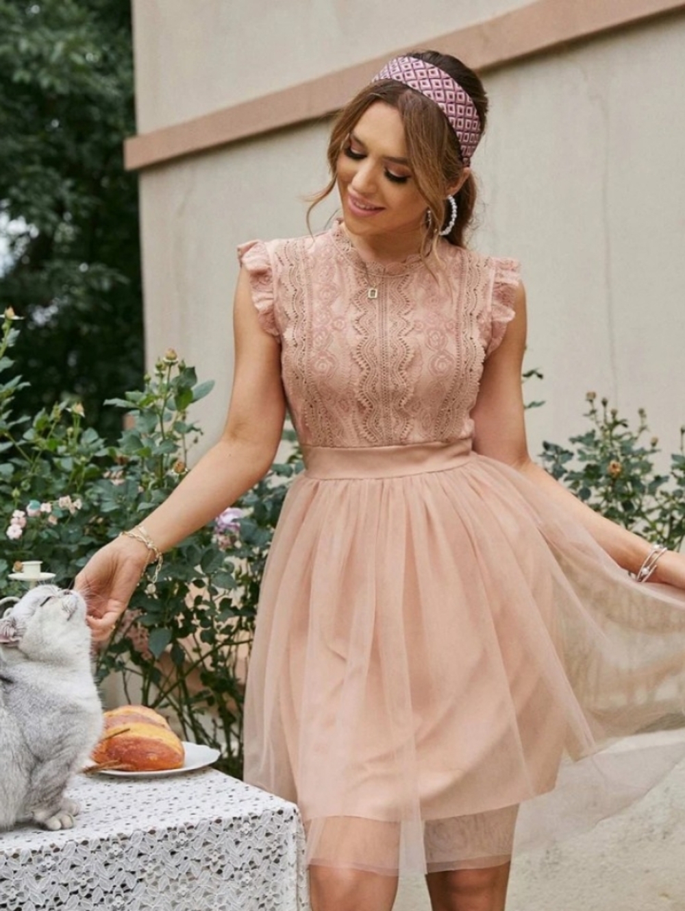 NWT Elegant Pink Taupe Lace & Tulle Dress- Women's